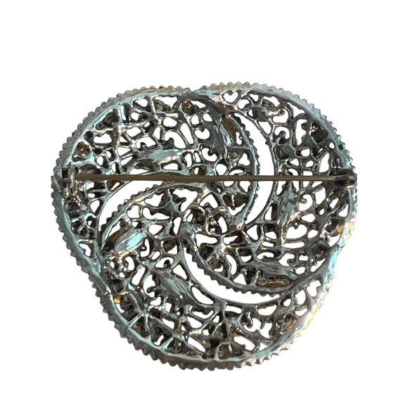 Vintage Silver Tone Swirl Floral Brooch Pin Rhinestones Filagree Open Work 2.25" - Picture 4 of 4